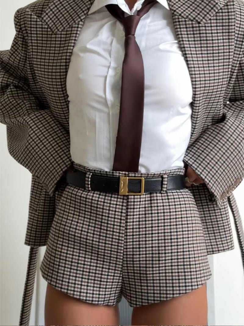Women Checked Lapel Jacket Shorts Set Retro Full Sleeve Belted Buttons Pockets Blazer Suit 2025 Lady New Commute Street Outfits