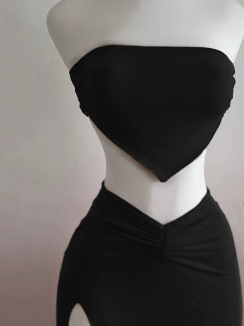 Strapless Backless Crop Top High Waist Skirt 2 Piece Set Women Summer Sexy Slim Fit Split Midi Dress Tube Suits Party Club Sets