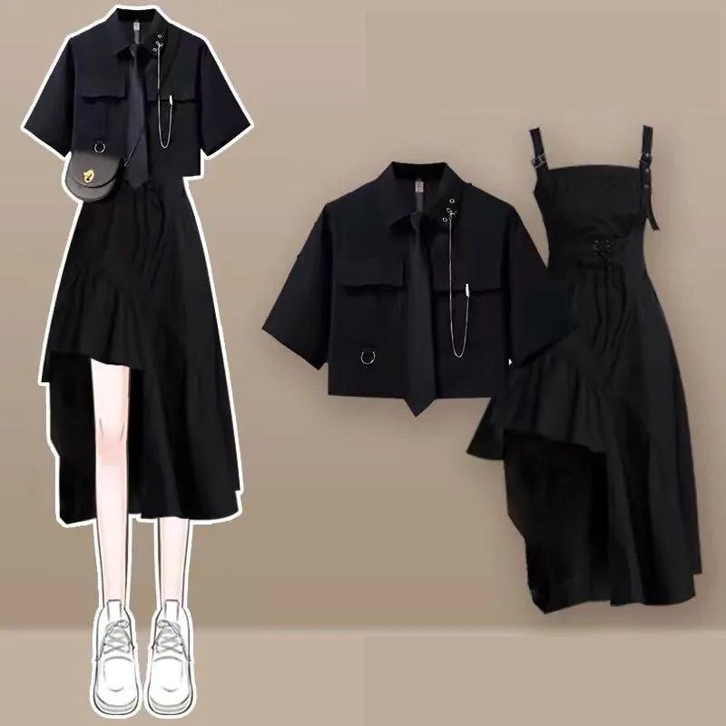 2025 Women'S Summer New in Fashion Irregular Dress Matching Set Korean Elegant Short Sleeve Shirt+Strap Skirt Two Piece Suit