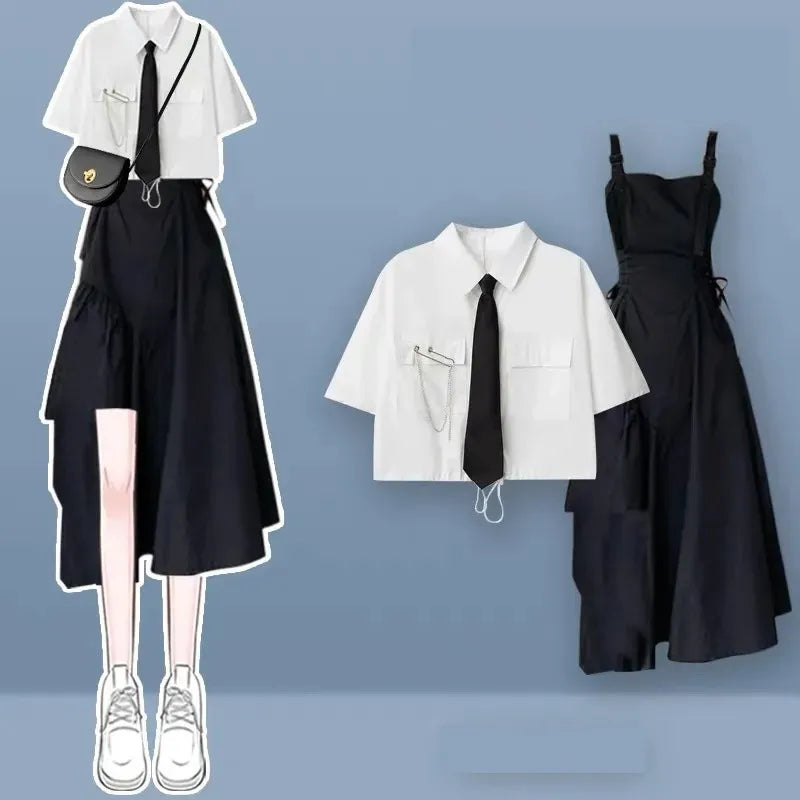 2025 Women'S Summer New in Fashion Irregular Dress Matching Set Korean Elegant Short Sleeve Shirt+Strap Skirt Two Piece Suit