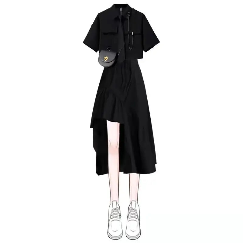 2025 Women'S Summer New in Fashion Irregular Dress Matching Set Korean Elegant Short Sleeve Shirt+Strap Skirt Two Piece Suit