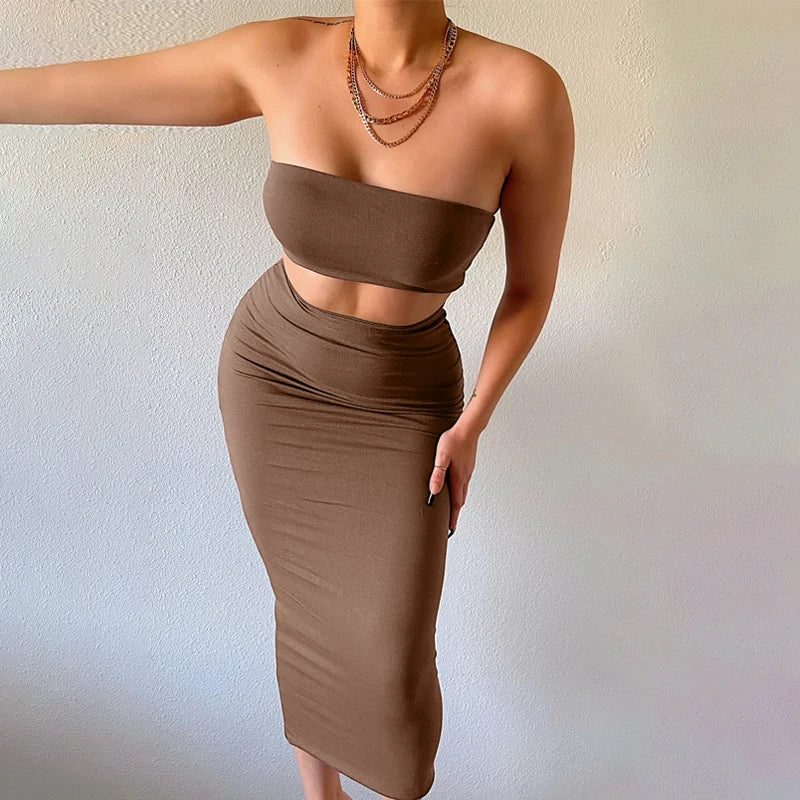 Women Elegant 2 Pcs Sets Strapless Sexy Tube Crop Tank Top Maxi Skirt 2025 Summer Women Casual Clothes Party Festival